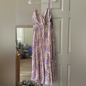 ASTR pleated twist bust midi satin floral dress